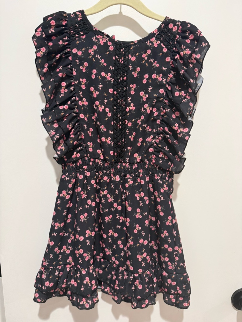 Kids Floral Ruffle Dress - Black with Pink Roses
